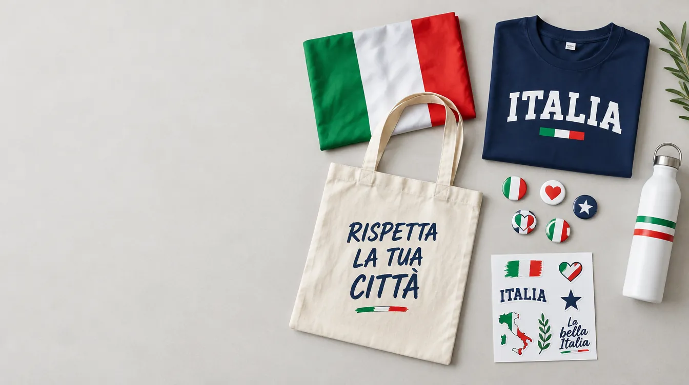 Bandiera tricolore, maglietta ITALIA, borsa di tela, spille, borraccia e adesivi di Piazza Tricolore